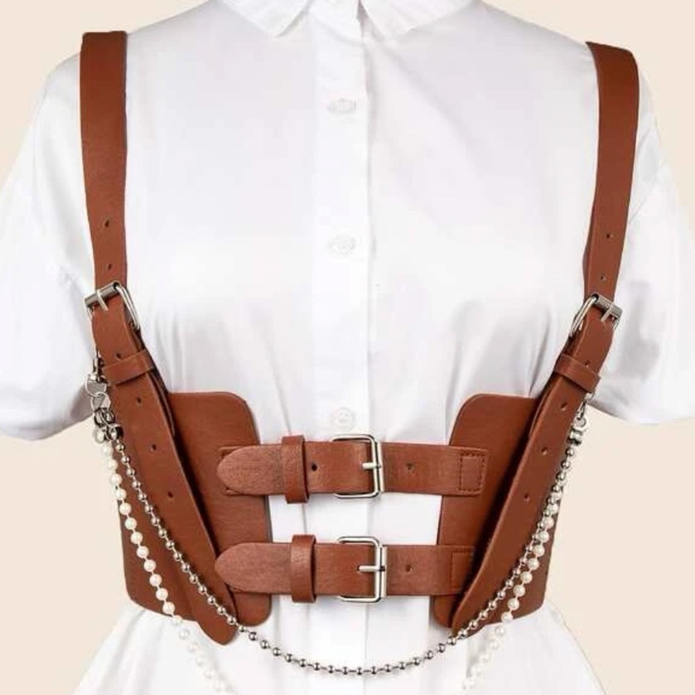 Brown PU Leather Pearl Belt Harness